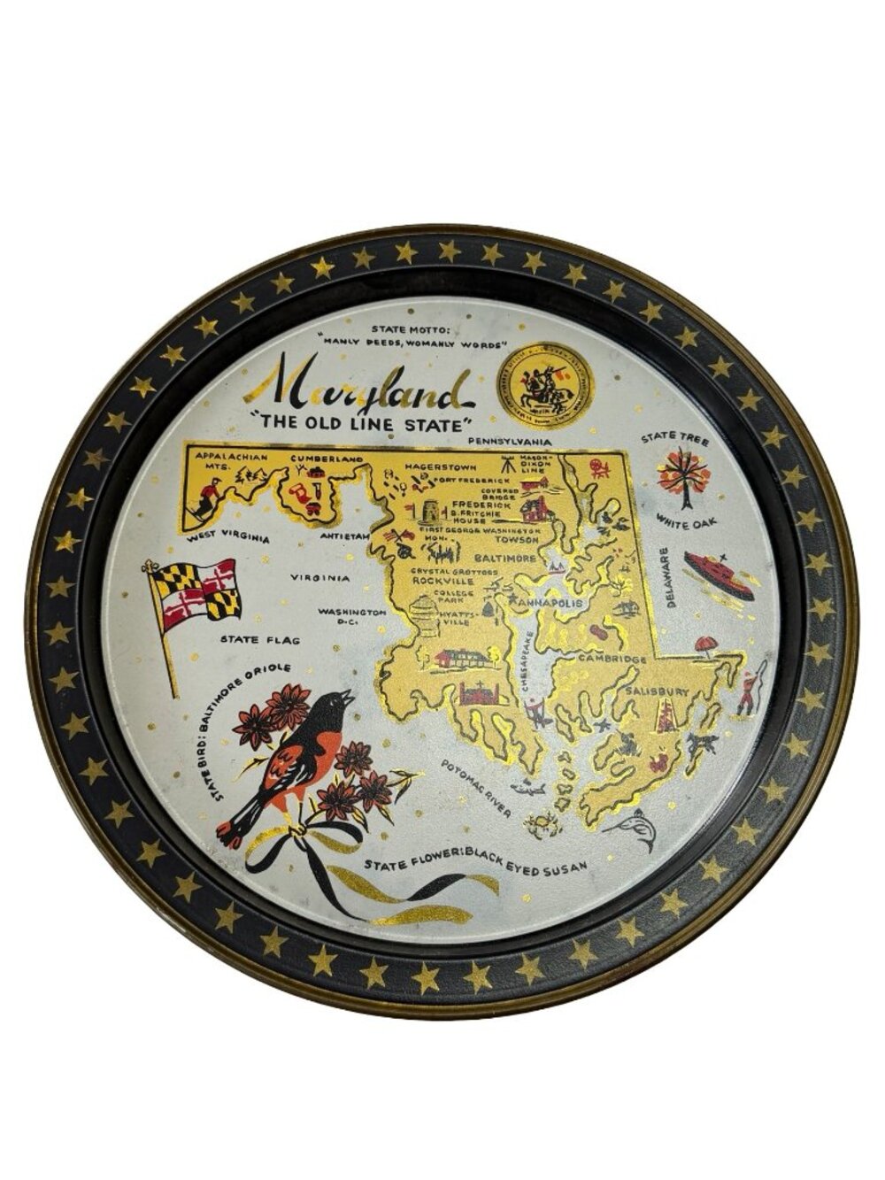 Vintage Maryland Old Line State Souvenir Metal Tray 12 Inch Fabcraft 1960s